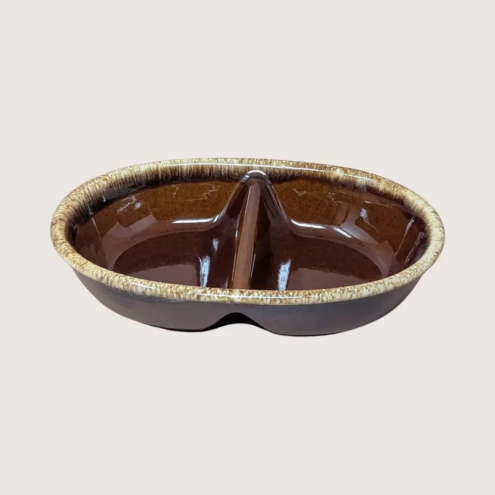 1970s Hull Pottery Brown Drip Divided Casserole Dish